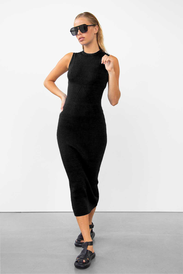 Nana Rib Midi Dress | Black - Thumbnail Image Number 1 of 4
