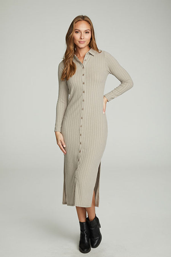 Ribbed Collar Dress | Taupe - Main Image Number 1 of 1