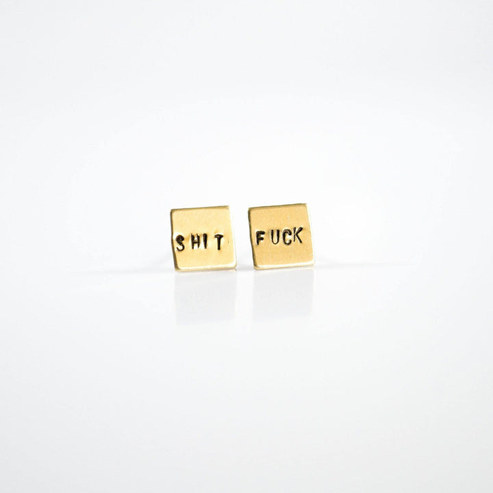 Shit Fuck Square Earrings | Brass - Thumbnail Image Number 1 of 2
