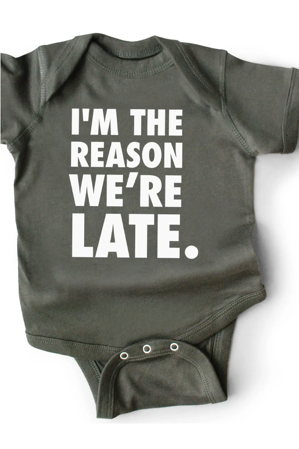 I'm The Reason We're Late Onesie | Grey - Main Image Number 1 of 1