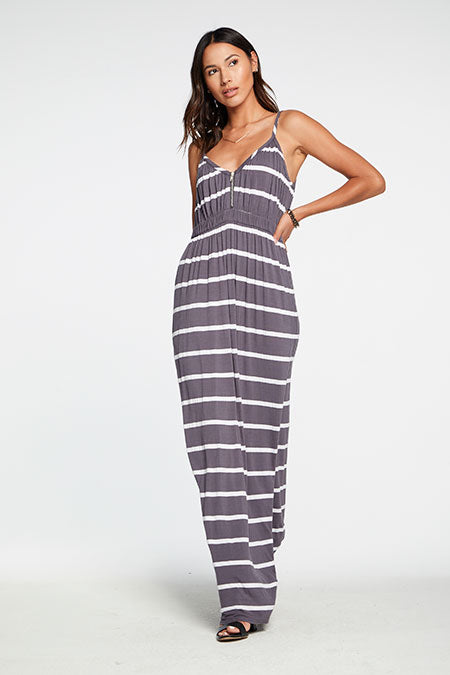 Jersey V Zip Maxi Dress | Stripe - Main Image Number 1 of 1
