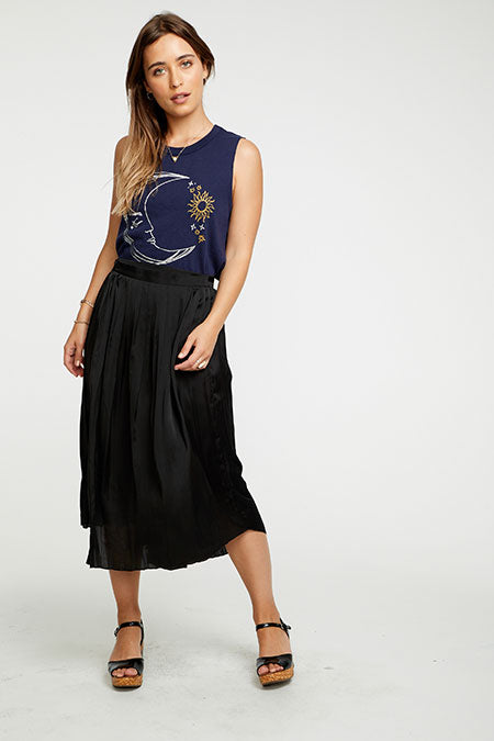 Silky Pleated Asymmetrical Midi Skirt | Black - Main Image Number 1 of 1