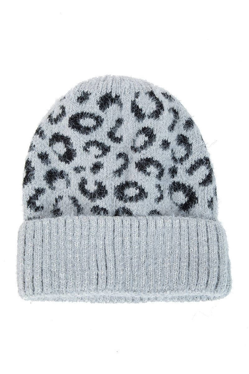 Fuzzy Leopard Beanie | Grey - Main Image Number 1 of 1