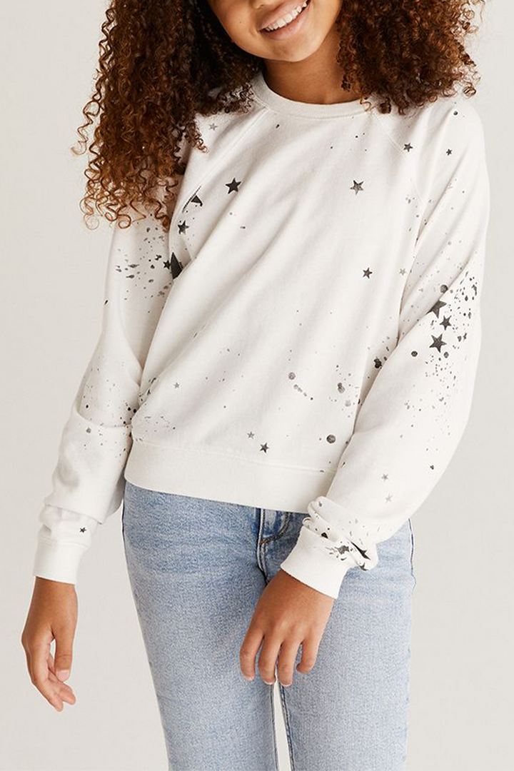 Girls Splatter Star Sweatshirt | White - Thumbnail Image Number 1 of 2

