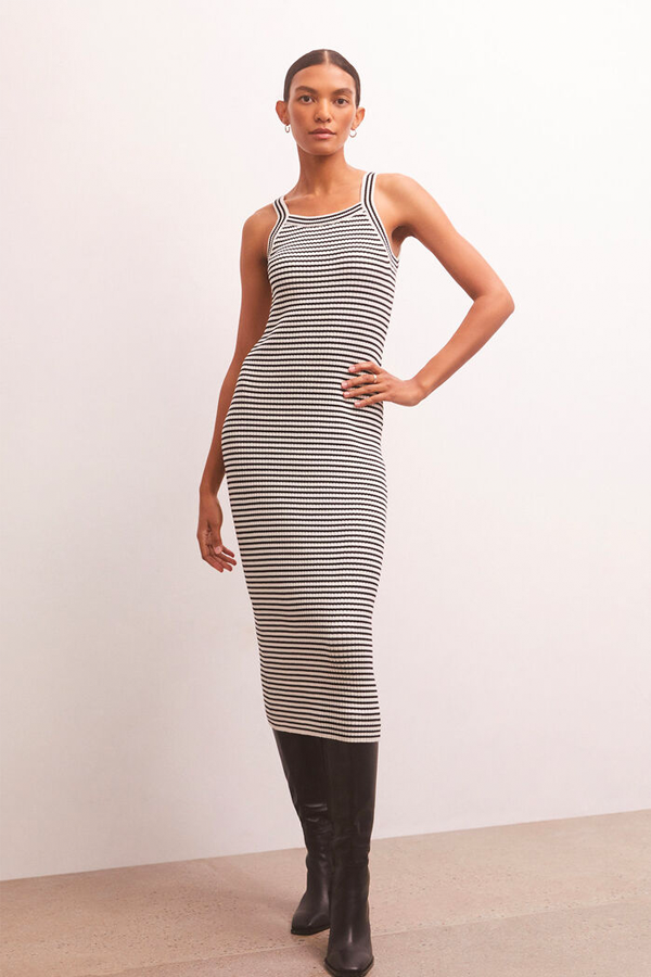 Brooks Stripe Midi Dress | Black - Thumbnail Image Number 1 of 4
