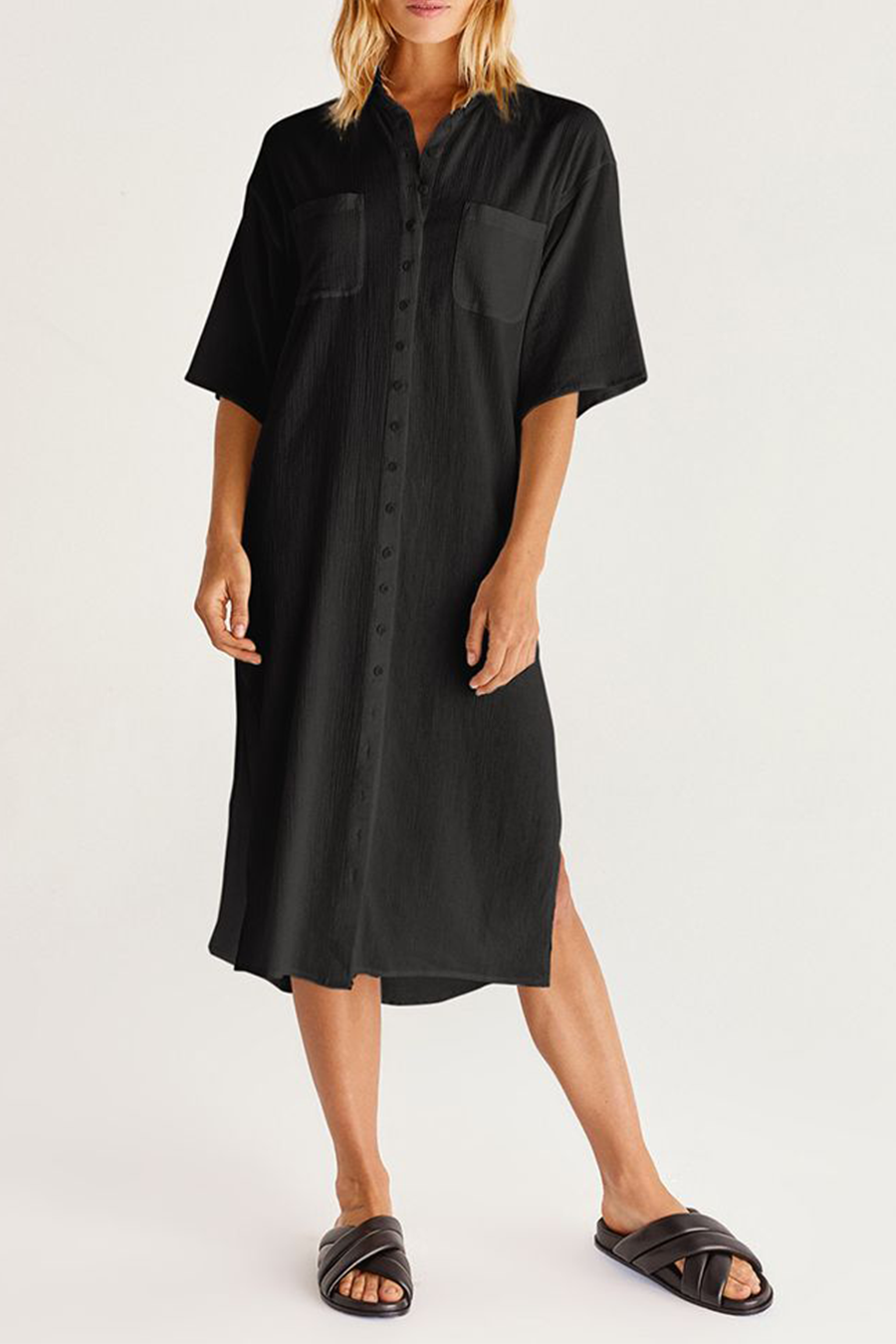 Lina Button Up Duster | Black - Main Image Number 1 of 2