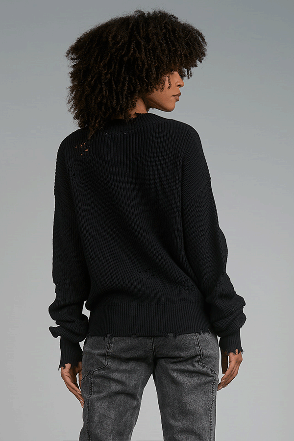 Distressed V Neck Sweater | Black