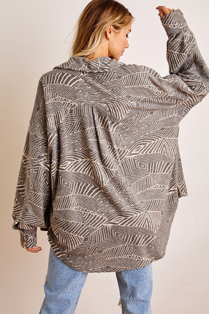Printed Button Up Shacket | Charcoal - Thumbnail Image Number 4 of 4
