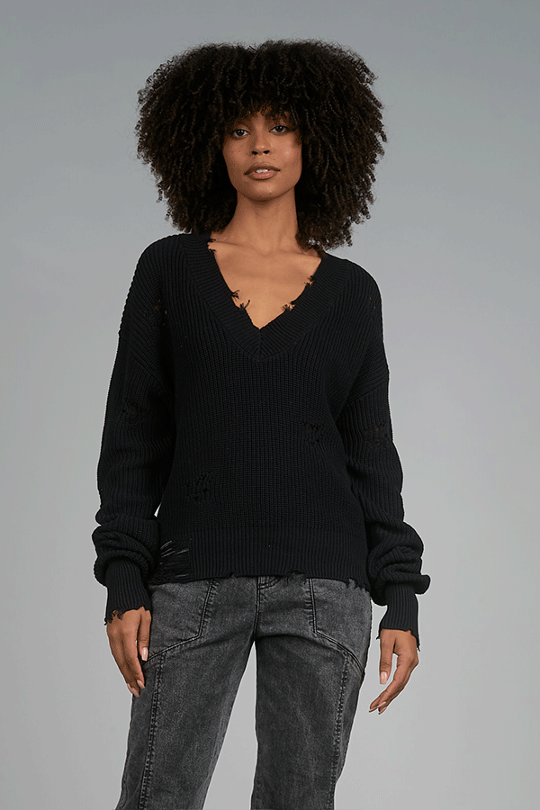 Distressed V Neck Sweater | Black