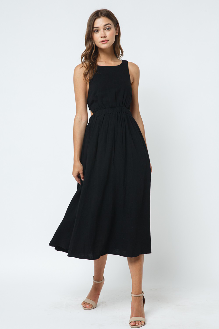 Linen Open Back Dress | Black - Main Image Number 1 of 3