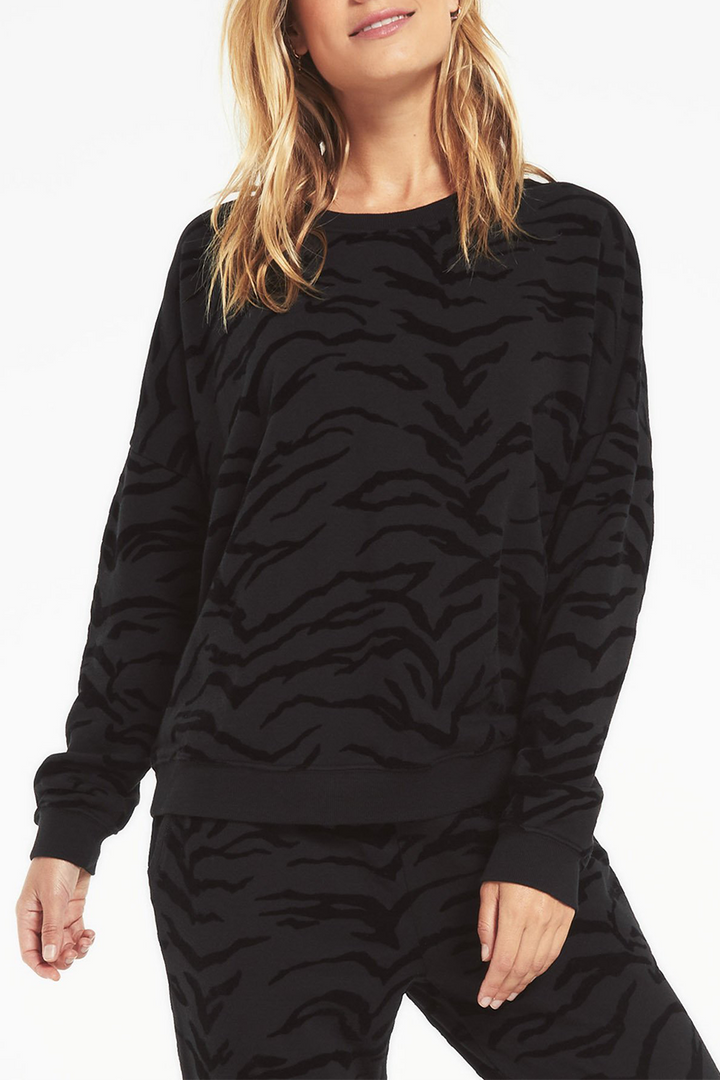 Marin Tiger Flocked Sweatshirt | Black - Thumbnail Image Number 1 of 2
