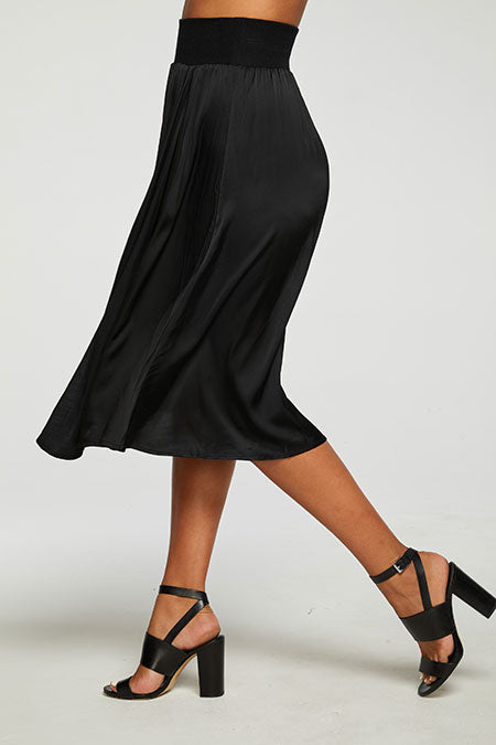 Silky Rib Waist Midi Skirt | True Black - Main Image Number 2 of 3