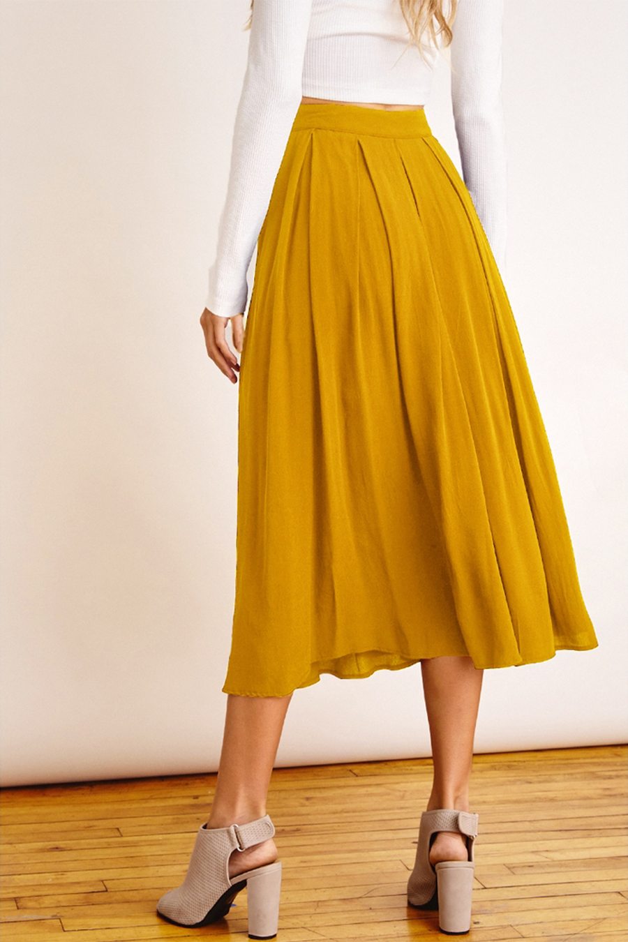 Pleated High Waist Skirt | Mustard - Main Image Number 2 of 2