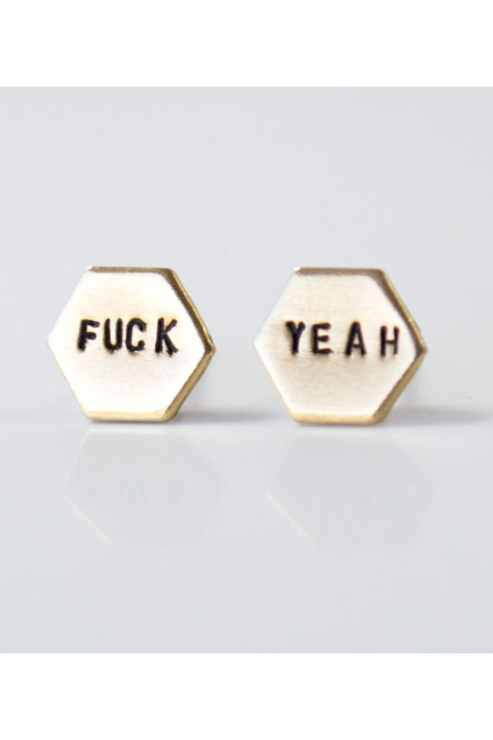 Fuck Yeah Hexagon Earrings | Brass - Thumbnail Image Number 1 of 2
