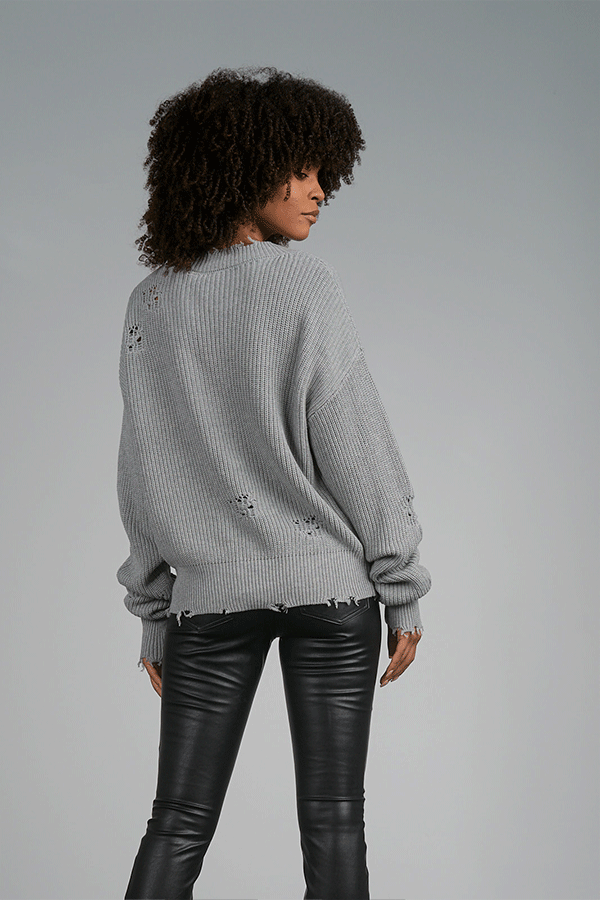 Distressed V Neck Sweater | Grey - Main Image Number 2 of 2