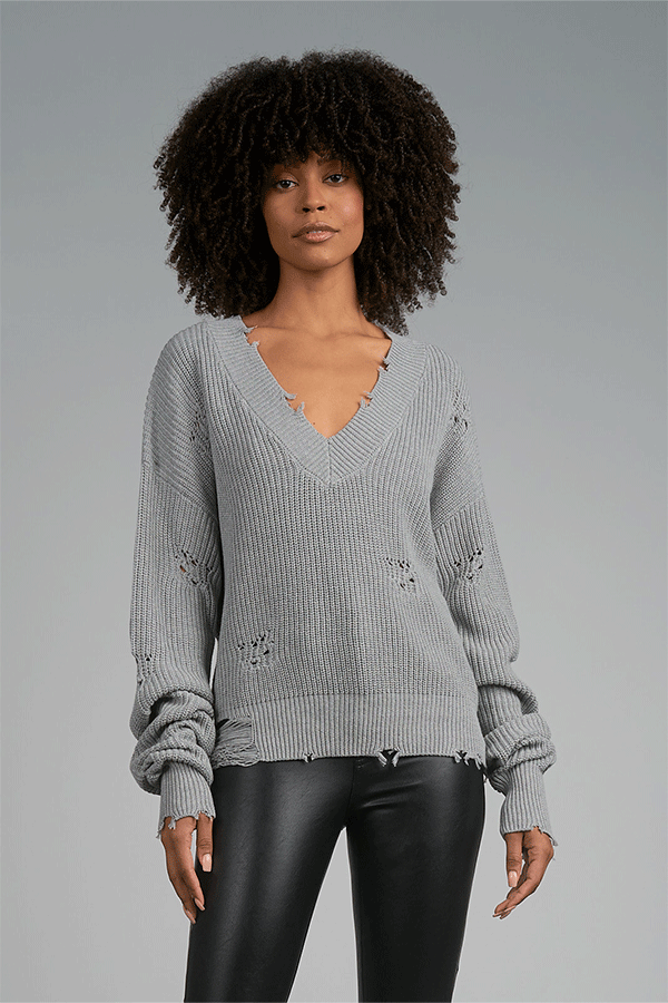 Distressed V Neck Sweater | Grey