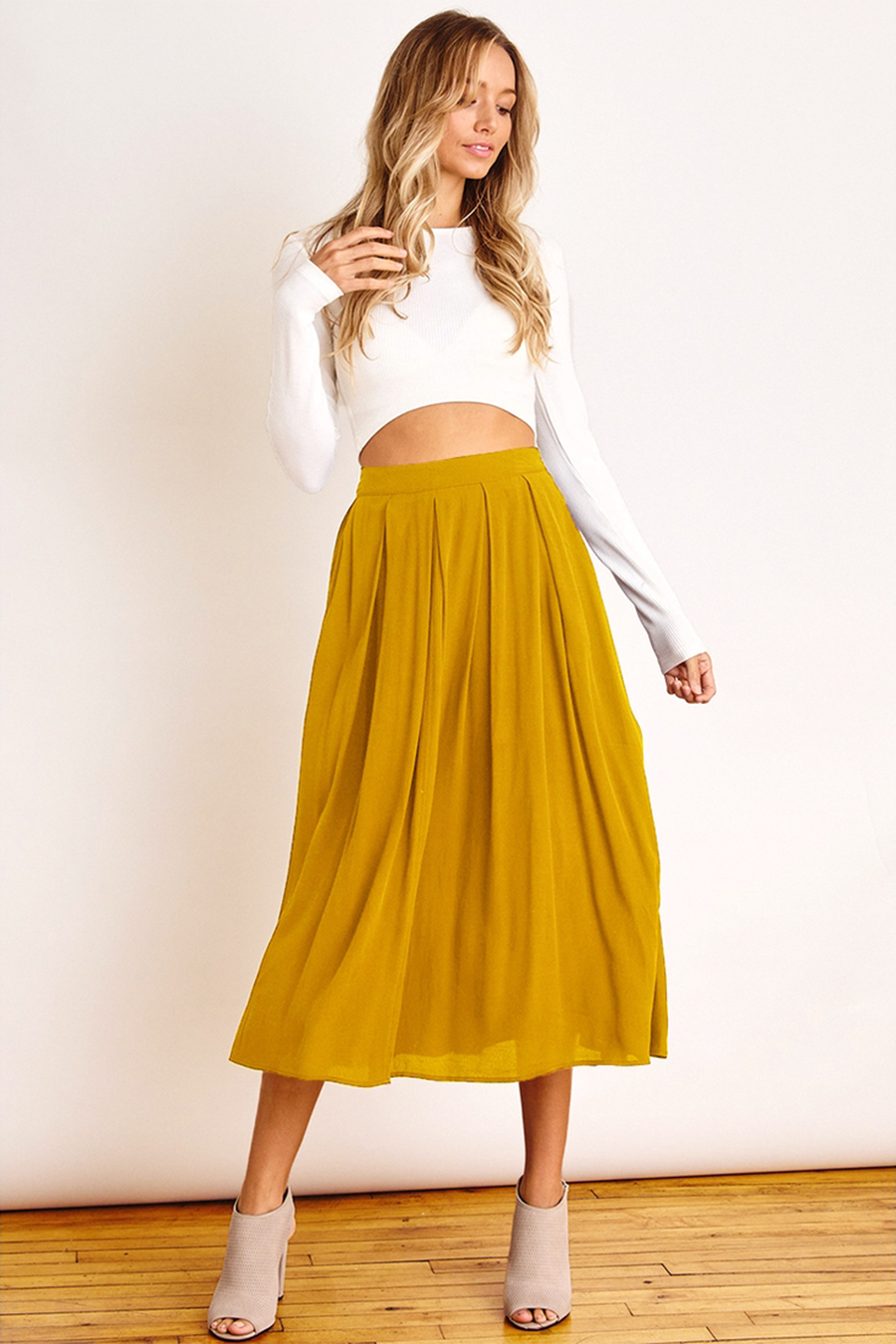 Pleated High Waist Skirt | Mustard - Main Image Number 1 of 2