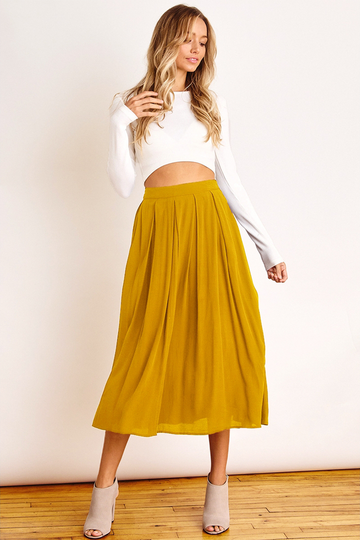 Pleated High Waist Skirt | Mustard - Thumbnail Image Number 1 of 2
