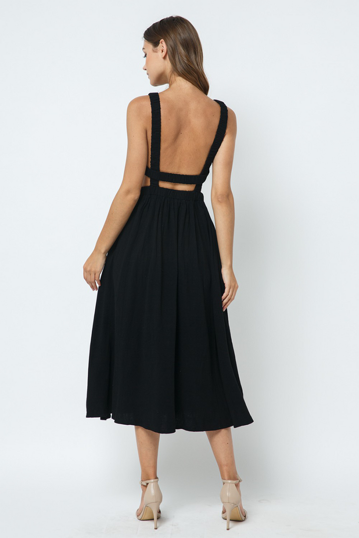 Linen Open Back Dress | Black - Thumbnail Image Number 2 of 3
