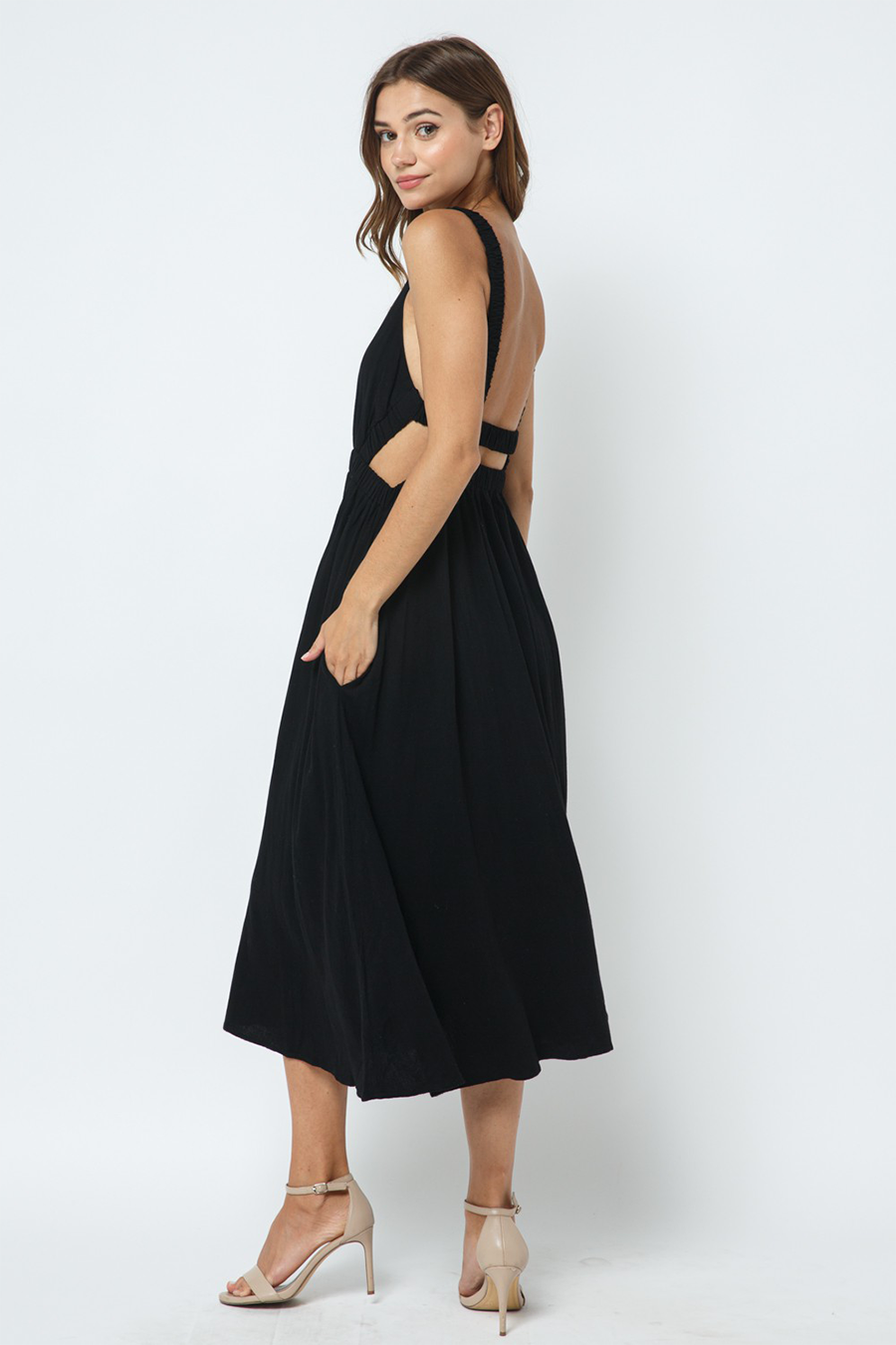 Linen Open Back Dress | Black - Main Image Number 3 of 3